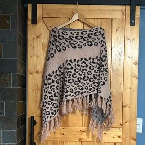 Soft Leopard Print Asymmetrical Fringe Poncho - Blush Taupe